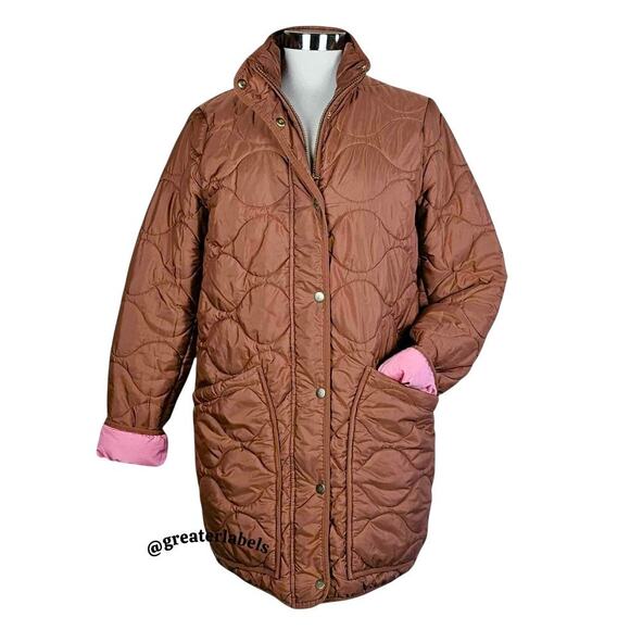 J. Crew Signature Quilted Puffer Jacket Patch Pockets Brown/Pink Size M - Picture 2 of 9